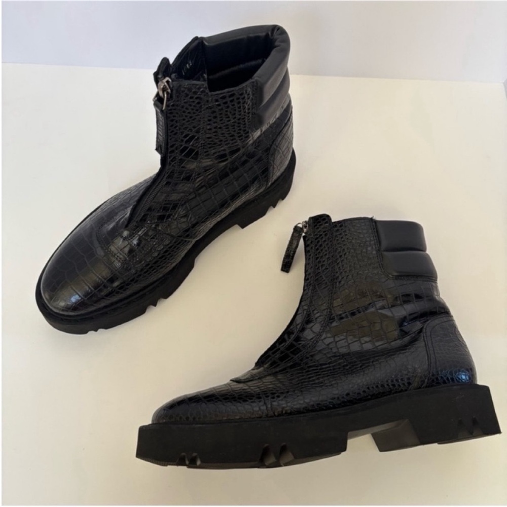 Aquatalia Combat Weatherproof Boots Moto Croc Embossed Leather Black Size 10.5 - Picture 5 of 16